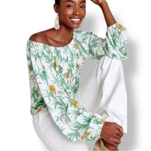 ANTHROPOLOGIE Cascais Green & White Tropical Floral Blouse Off Shoulder Top